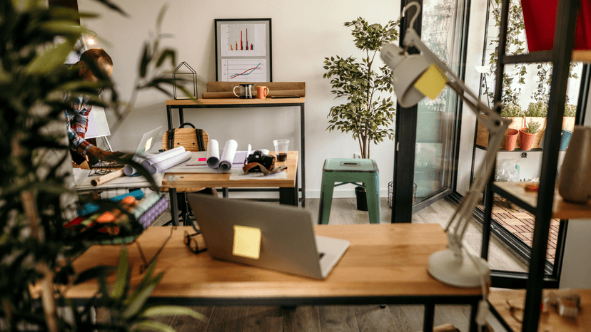 Cozy office space with plants and wooden furniture