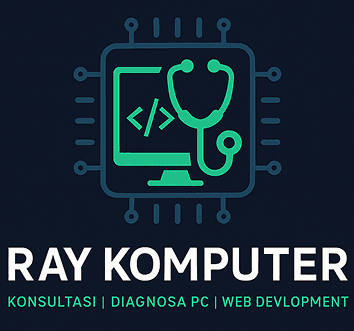 Ray Komputer logo with a shield and computer icon in teal on dark blue background