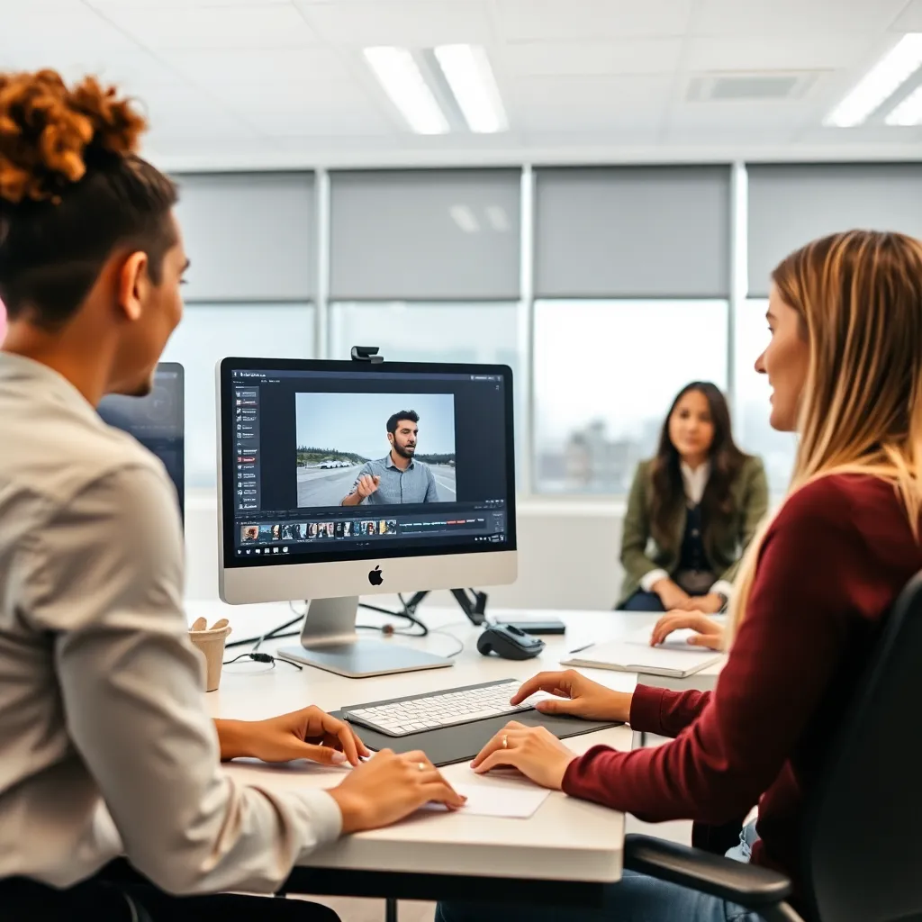 Woman editing video on computer in office environment with two colleagues watching
